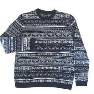 Nordic Scandi Fair Isle Reindeer Crew Neck Sweater sz S - Navy/White